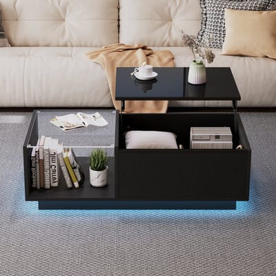 MODFU Salontafel - Verstelbaar Blad En Led-Verlichting - Modern - Voor Woonkamer - Spaanplaat En Glas - Zwart - 100 x 50 x 33-46,5 cm