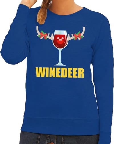 Bellatio Decorations Foute kersttrui - sweater - blauw - wijn - Winedeer - voor dames - kersttruien - Funny - Drank XS