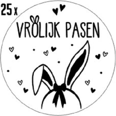 25x Vrolijk Pasen Traktatiestickers - Sluitsticker pasen - Pasen Stickers - Zwart Wit - Wensetiket - Rond - 40mm - Glossy sticker