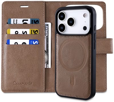 CaseMania Bookcase hoesje geschikt voor Apple iPhone 17 Pro Max - Effen Taupe - Kunstleer - Fine Grain PU Leather - 2in1 Magnetisch Uitneembaar Design - Compatible met MagSafe