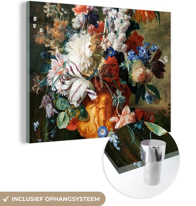 MuchoWow® Glasschilderij 120x90 cm - Schilderij acrylglas - Kunst - Oude meesters - Boeket bloemen in een urn - Foto op glas - Schilderijen
