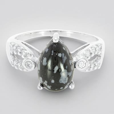 Cavill - Zilveren Ring 925 Sterling met 2,82 ct Sneeuwvlokken Obsidiaan Peervorm - Cambodjaanse Zirconia's Totaal 3,22 ct - Elegante Damesring