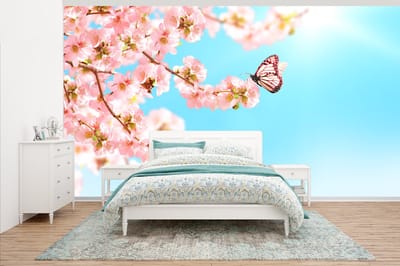 Behang - Fotobehang Vlinders - Boom - Bloemen - Breedte 430 cm x hoogte 240 cm