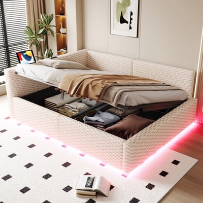 MODENUIT Gestoffeerd Bed 140x200 cm – LED-Verlichting en 2 USB + USB-C – Hydraulische Opbergruimte – Zonder matras – Beige