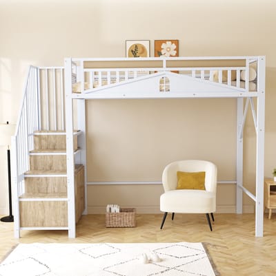 MEUNIQ Hoogslaper 90 x 200 cm met trap en opbergruimte in de treden, veiligheidshek met raamdesign, metalen eenpersoonsbed voor kinderkamer, wit