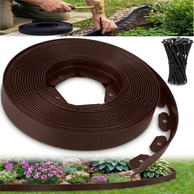 Flexibele tuinrand van 10 m – Robuust kunststof (5 mm dik) – L-vormige afscheiding (voor gras, grind, wortels en als opsluitrand) – Geschikt voor gazons, opritten, bloembedden en boomspiegels – 60 grondpennen voor eenvoudige montage