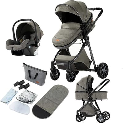 Kinderwagen - 3 In 1 Kinderwagen - Wandelwagen - Babywagen - Autostoeltje - Opvouwbare Trolley Voor Baby's - Lichtgewicht - Hoog Landschap - Grijs