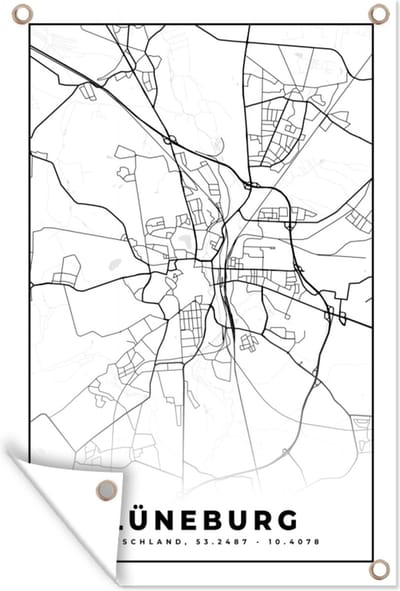 Muurdecoratie Plattegrond - Kaart - Lüneburg - Stadskaart - 120x180 cm - Tuinposter - Tuindoek