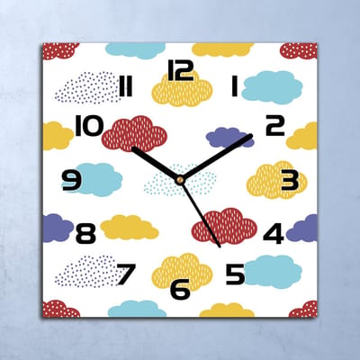 Coloray Wandklok - Kleurrijke wolken Glazen Klok - 30x30 cm - Geel Wandklok - Wandklok Vierkant - Wandklok Industrieel - Wandklok Keuken - Stille Wandklok