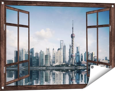 Gards Tuinposter Doorkijk Shanghai Skyline in China - 90x60 cm - Tuindoek - Tuindecoratie - Wanddecoratie buiten - Tuinschilderij