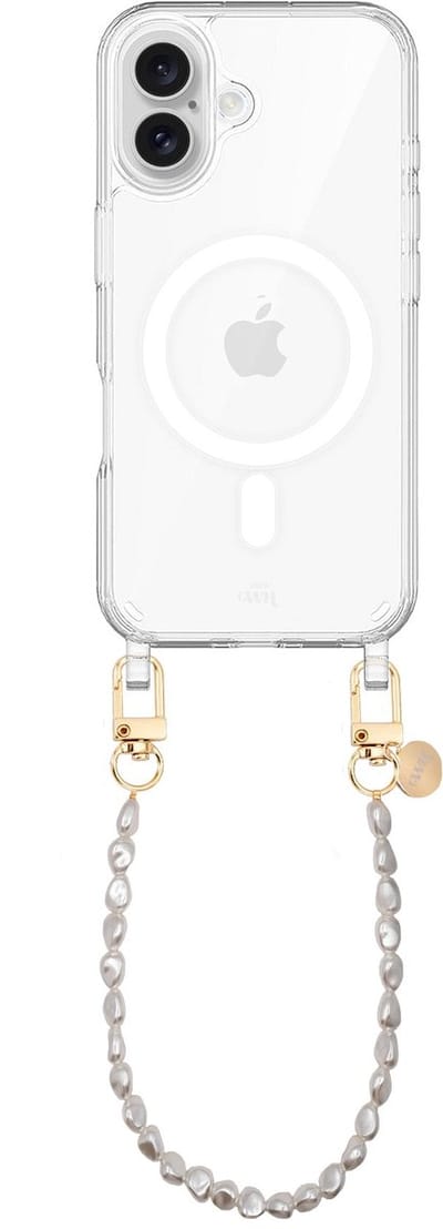xoxo Wildhearts magnetisch hoesje geschikt voor iPhone 17 MagSafe - Pearlfection - Transparant telefoonhoesje met koord - Telefoonkoord met parels - Parelketting - Kort koord