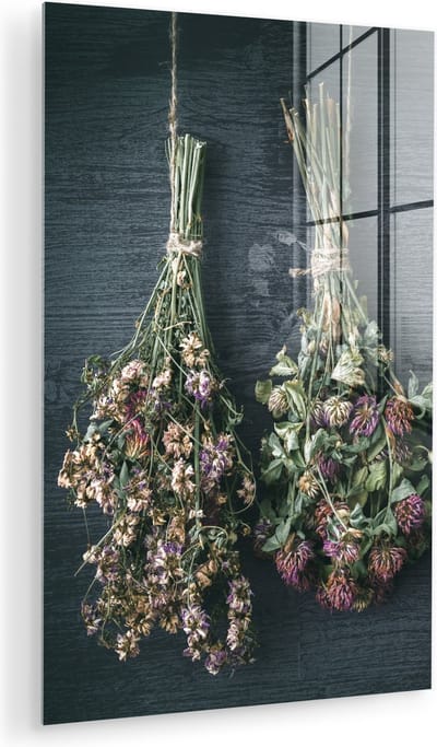 MuchoWow® Glasschilderij 100x150 cm - Schilderij acrylglas - Droogbloemen - Bloemen - Boeket - Stilleven - Touw - Bundel - Foto op glas - Muurdecoratie woonkamer - Wanddecoratie slaapkamer - Schilderijen