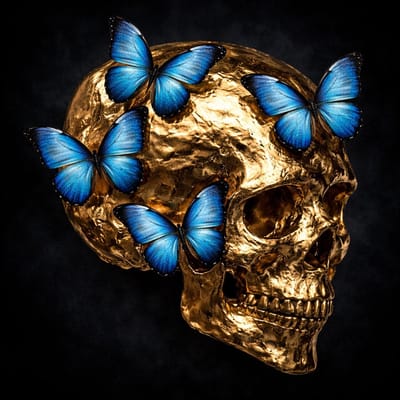 Gouden Schedel Wanddecoratie met Blauwe Vlinders – Luxe Plexiglas Kunstwerk 100x100 cm – Art-Empire