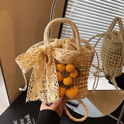 Handgemaakte Geweven Tassen  Strandvakantie en Casual Handtassen  Dames Textuur Niche Kleine Groentemand  Schoudertassen  Dames W3931WW-