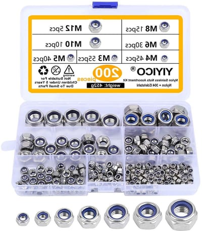 200 Stuks Zelfsluitende Moeren van RVS M3 M4 M5 M6 M8 M10 M12 - Nylon Tegenmoeren voor Schroeven en Bouten