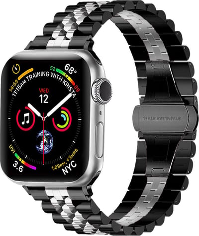 Strap-it Jubilee stalen schakel band - Geschikt voor Apple Watch bandje - Series 1/2/3/4/5/6/7/8/9/10/11/SE/SE2/SE3 - Zwart/Zilver - Staal/metalen luxe band met vlindersluiting - RVS iWatch bandje voor maat: 38 / 40 / 41 / 42mm