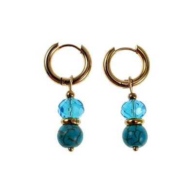 ∅15mm Oorringen met Natuurlijke Turquoise Steen en Tsjechische Kristal Hanger, Verguld RVS, Oorbellen Dames - Handgemaakt