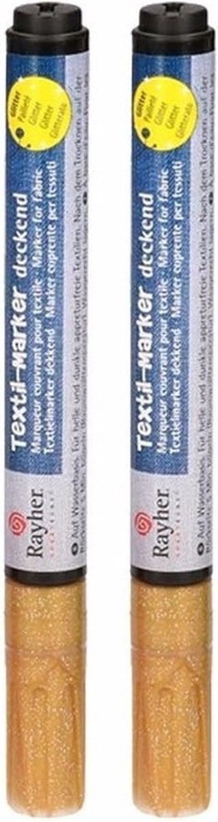 Rayher hobby textielstiften - 2x - glitter goud - dikke punt - voor op kleding/stof