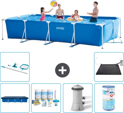 Intex Rechthoekig Frame Zwembad - 450 x 220 x 84 cm - Blauw - Inclusief Afdekzeil - Onderhoudspakket - Zwembadfilterpomp - Filter - Schoonmaakset - Solar Mat - 7-delig