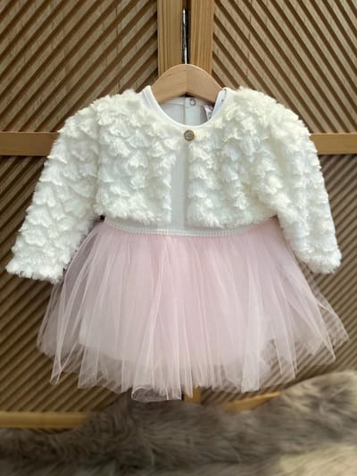 luxe feestjurk-bruidsjurk-doopkleding-tule jurk met jasje-bolero-baby jurk-tutu rok- tweedelige set- katoenen jurk met steentjes en bloem-bruidsmeisjes-doopsel-bruiloft-verjaardag-fotoshoot- wit ivoor licht roze kleur-maat 74 - 6 tem 9 maanden