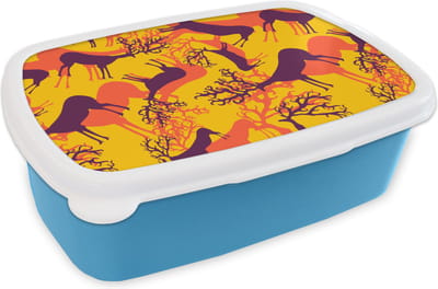 Broodtrommel Blauw - Lunchbox - Brooddoos - Patronen - Hert - Kleuren - 18x12x6 cm - Kinderen - Jongen