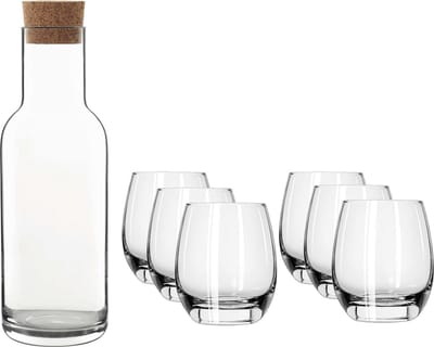 Glazen karaf/schenkkan met kurken dop van 1 liter met 6x stuks drinkglazen/waterglazen 330 ml