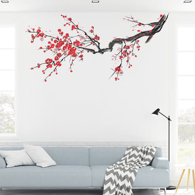 Muurstickers - Bloeiende boomtak in rood - Transparante achtergrond - 110x145cm