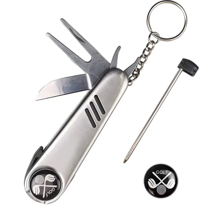 Stripe golf multitool 7-in-1 RVS, pitchfork, golfbal marker, borstel