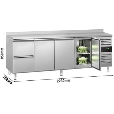 GGM Gastro Kühltisch ECO - 2230x700mm - mit 3 Türen - 2 Schubladen - mit Aufkantung Zilver