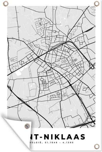 Muurdecoratie Stadskaart – Plattegrond – België – Zwart Wit – Sint Niklaas – Kaart - 120x180 cm - Tuinposter - Tuindoek