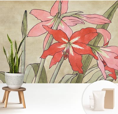 Wallfluent Behang - Dagbloem Vliesbehang - 208x146 cm - Beige Behang - Voor liefhebbers van natuur en oosterse kunst - Behang Voor de woonkamer, slaapkamer en kantoor - Wanddecoratie Bloemen en planten
