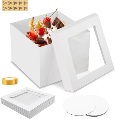 Verpakkingen voor Taarten, 30.5 x 30.5 x 20.5 cm, Set van 5, Met Venster en Strik, Ideaal voor Gebak en Taartdecoratie