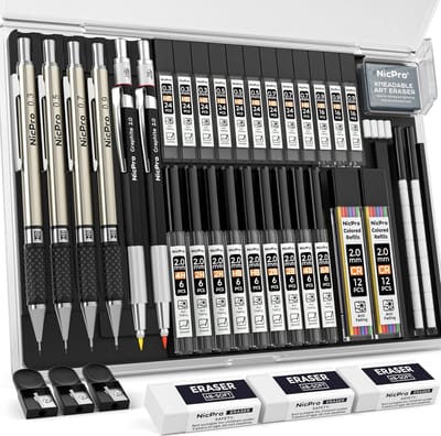 PromoHome 37-delige mechanische tekenpotloodset met gummen en opbergkoffer