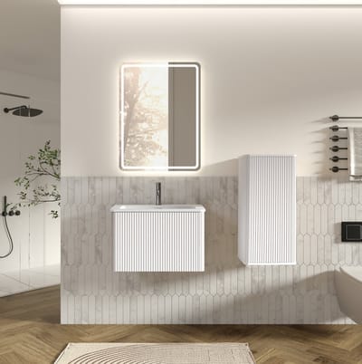 HAUSS SPOLE Badkamerkast Set - Wandhangend Met LED Spiegel En Wastafel - Met Zijkast Voor Moderne Badkamer - MDF En Glas - 60 Cm - Wit