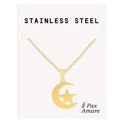 Cadeau Ketting met Ster & Maan - Roestvrij Staal - Goudkleurig - Cadeau Sieraad op Kaartje - Pax Amare