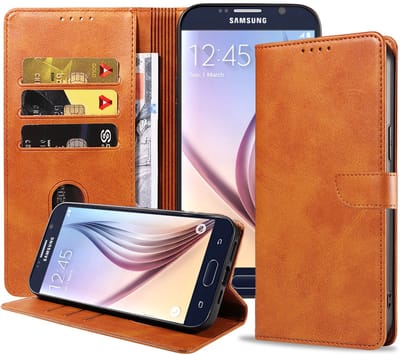 Geschikt voor Samsung Galaxy S6 Telefoonhoesje Kunstleer met Magnetisch lipje en Pasjeshouder Book Case met Klepje - Bruin - Smartphonica geschikt voor Samsung Galaxy S6
