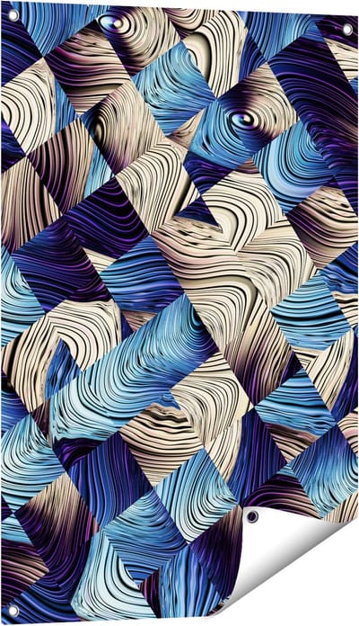Gards Tuinposter Abstracte Kunst met Blauwe en Gouden Ruiten - 60x90 cm - Tuindoek - Tuindecoratie - Wanddecoratie buiten - Tuinschilderij