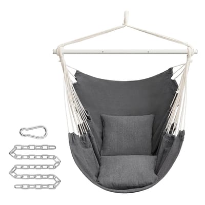 SONGMICS Hangstoel, Hangschommel met 2 kussens, Metalen ketting, Maximaal draagvermogen 150 kg, Binnen en buiten, Woonkamer, Slaapkamer, Leigrijs, GDC197G02