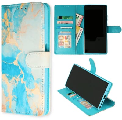 Cityhoesje - Bookcase iPhone 16e17e - Marmer Blauw - Goud