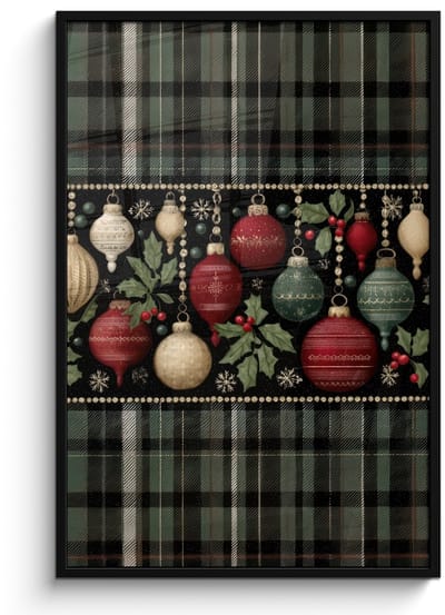 Poster in lijst - Fotolijst 80x120 cm - Posters - Kerstballen - Rood - Hulsttakken - Patroon - Posterlijst zwart - Decoratie - Wanddecoratie woonkamer - Muurdecoratie slaapkamer - Kerstversiering - Kerstdecoratie voor binnen - Kerstmis