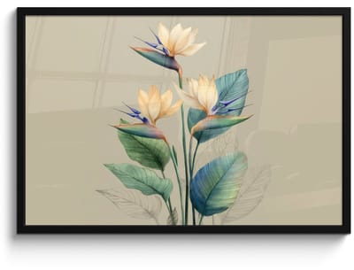 Poster in lijst - Fotolijst 90x60 cm - Posters - Paradijsvogelbloemen - Blauwgroene bladeren - Beige - Posterlijst zwart - Decoratie - Wanddecoratie woonkamer - Muurdecoratie slaapkamer
