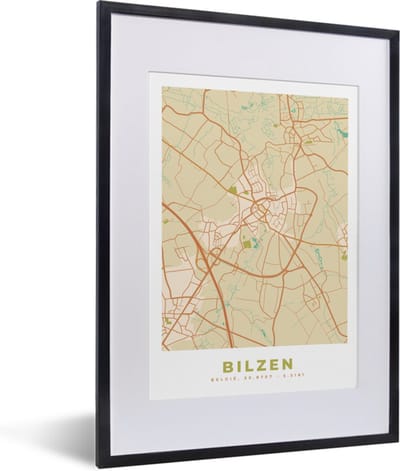 Fotolijst incl. Poster - Kaart - Retro - Plattegrond - Stadskaart - Bilzen - 30x40 cm - Posterlijst
