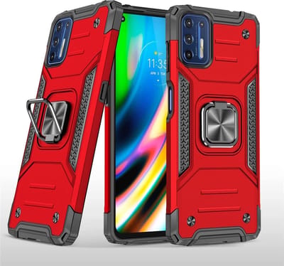 Hoesje geschikt voor Motorola G9 Plus Hoesje Heavy Duty Armor Hoesje Rood - Hoesje geschikt voor Motorola G9 Plus Case Kickstand Ring cover met Magnetisch Auto Mount