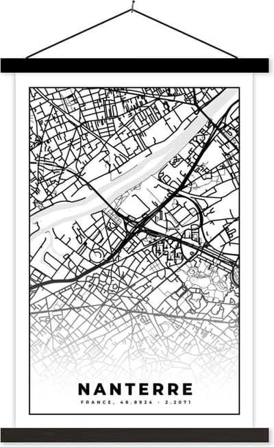 Posterhanger incl. Poster 40x60 cm - Schoolplaat - Plattegrond - Nanterre - Kaart - Frankrijk - Stadskaart - Zwart wit - Textielposter - Zwarte latten - Stadskaart