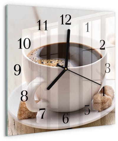 Tulup Wandklok - Koffie Wandklok Glas Decoratie - 30x30 cm - Bruin Gekleurde Glazen Klok - Zwarte Handen - Vierkante Wandklok - Glazen Klok Met Print - Wandklok Glas Met Motief
