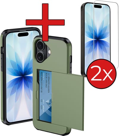 Hoesje Geschikt voor iPhone 17 Hoesje Met Pasjeshouder Hard Case Met Kaarthouder Met 2x Screenprotector - Hoes Geschikt voor iPhone 17 Hoesje Pashouder Case - Donkergroen