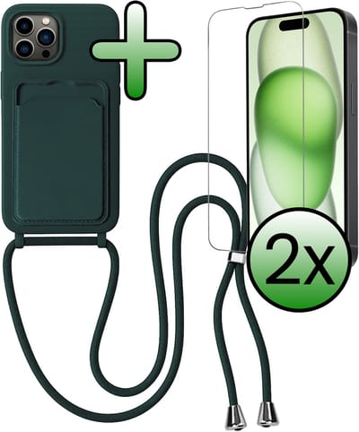 Hoes Geschikt voor iPhone 14 Pro Hoesje Pas Houder Case Hoes Met Koord Met 2x Screenprotector - Hoesje Geschikt voor iPhone 14 Pro Hoes Met Telefoonkoord Pasjeshouder Cover - Donkergroen