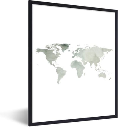 Poster in lijst - Fotolijst 60x80 cm - Posters - Wereldkaart - Aquarelverf - Minimalisme - Posterlijst zwart - Decoratie - Wanddecoratie woonkamer - Muurdecoratie slaapkamer