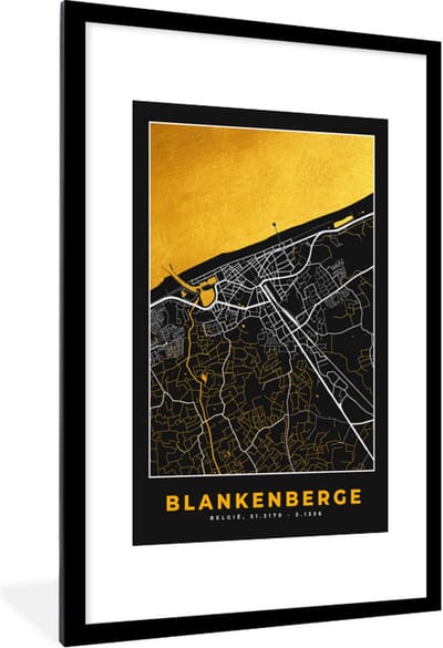 Fotolijst incl. Poster - Plattegrond - Stadskaart - Blankenberge - Goud - Kaart - 80x120 cm - Posterlijst