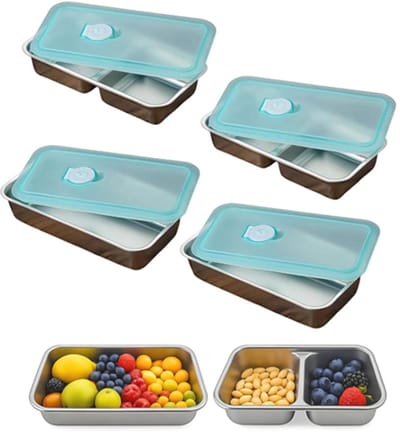 VHV - Vershoudbakjes - Snackdoosjes - Lunchbox - RVS lunchbox - Set van 4 - Roestvrij staal - Lekvrij - Met 2 vakken + Met 1 vakken- Voor school, werk en onderweg - Blauw